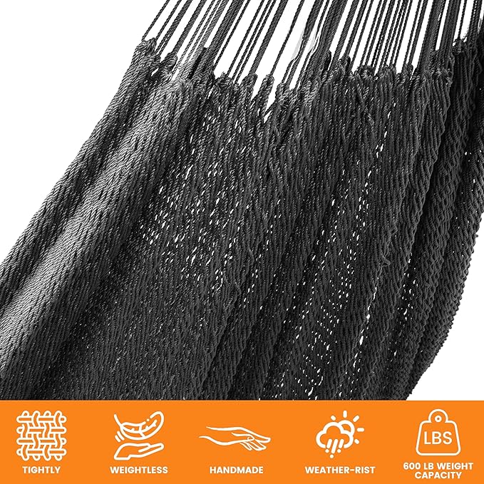 Lazy Daze Hammocks Handwoven Mayan Hammock 10.5 FT Soft Rope Double Hammocks Portable Outdoor Hammock with Carry Bag 2 Straps &amp Carabiners for Patio Outside 550 lbs Weight Capacity Gray