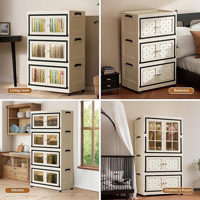 SunSettler Stackable Storage Bins with Lids Plastic Folding Cabinets with Doors and Wheels Collapsible Storage Bins for Closets Stackable Storage Organizer Storage Containers (3-Tier Transparent)