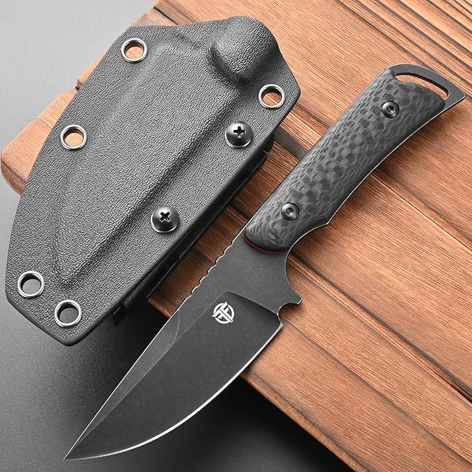 FF113 VG10 Black Stonewashed Steel Fixed Blade Knife Carbon Fiber Handle Full Tang Knife with Sheath for Outdoor Camping Hunting Working (Black)