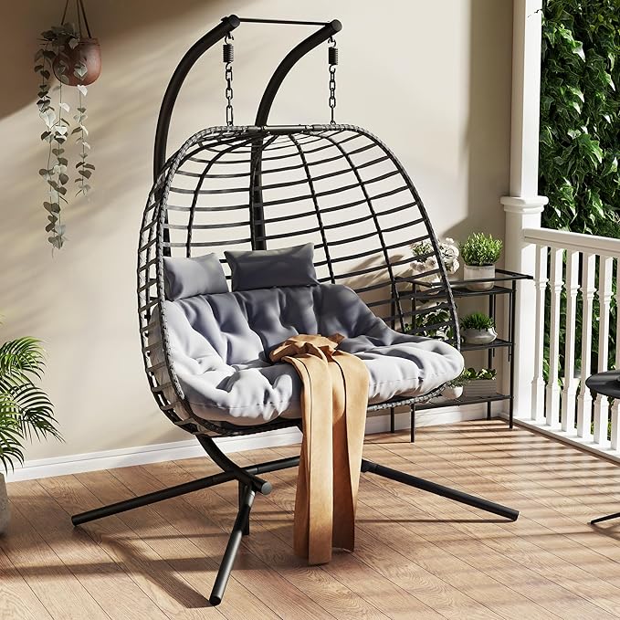 Double Hanging Egg Chair wth Stand Patio Hammock Swing Chair with Cushion Loveseat for Bedroom Balcony Garden Indoor Outdoor