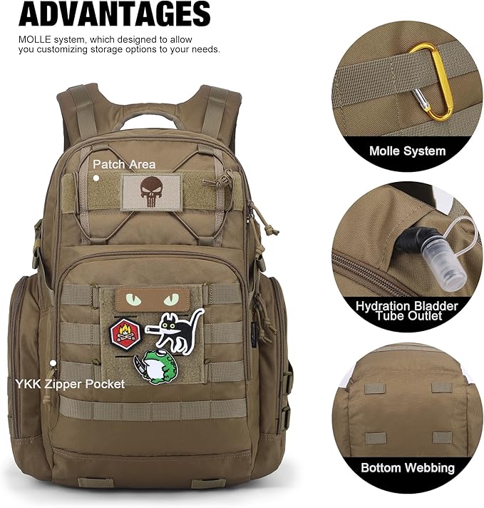 Mardingtop Military Tactical Backpack for Men 40L Molle Rucksack EDC Daypack for HikingTravelCamping Hunting(With 10Pcs Patches and 3Pcs Buckles)
