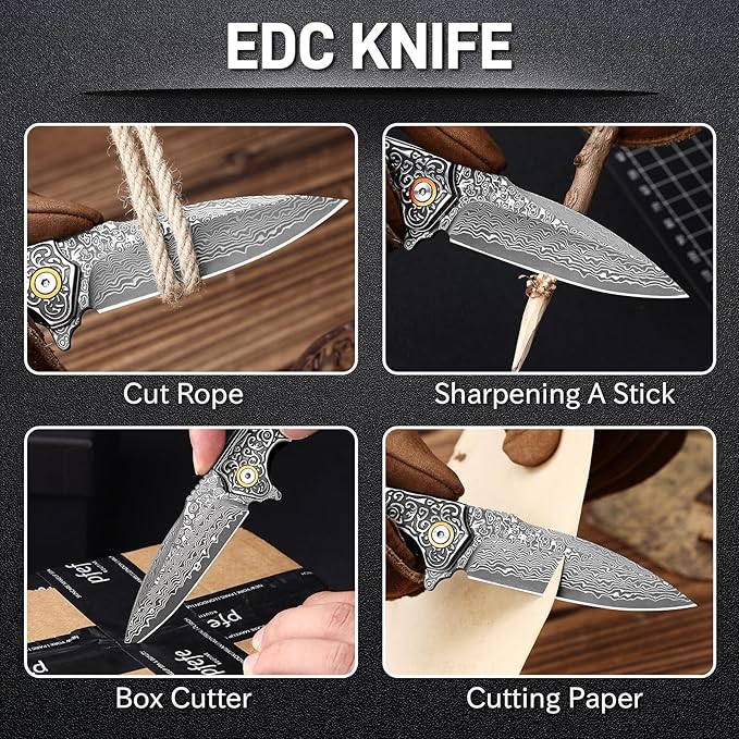 Damascus Pocket Knife for Men 3.34 Sharp Damascus Steel Blade Folding Knives with Wooden Handle EDC Knifes for Camping Hiking Collection