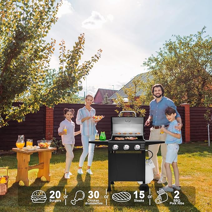 BRANDMAN GRILLS SINCE 1987 3-Burner Propane Gas Grill 27000 BTU BBQ Grill with Porcelain-Enameled Grates Built-In Thermometer Side Shelves Heavy-Duty Wheels – Outdoor Grill for Patio &amp Backya