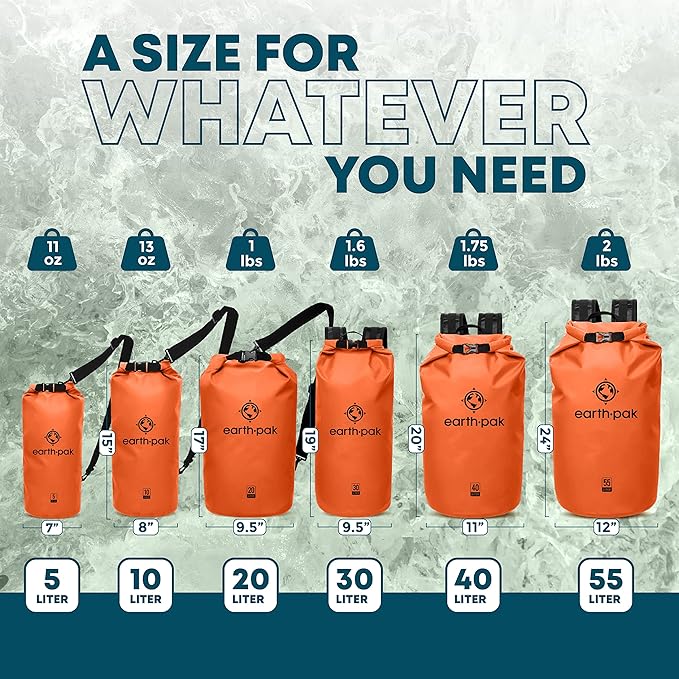 Earth Pak Waterproof Dry Bag - Roll Top Waterproof Backpack Sack Keeps Gear Dry for Kayaking &amp Fishing with Phone Case (Orange 10L &amp 20L)