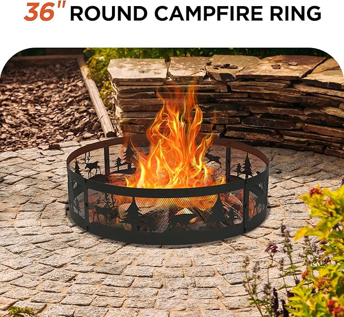 Red Mountain Valley 36 Inch Fire Pit Ring with 360° Forest &amp Wildlife Design Portable Steel Wood Burning Firepit Ring for Outdoor Camping Bonfires BeachPatio fire Pit kit Black