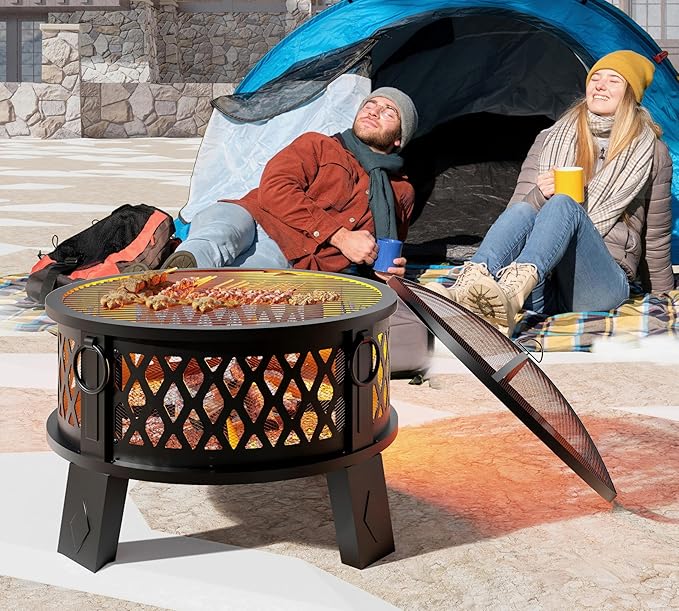 Fire Beauty 26 Steel Fire Pit with Grill &amp Diamond Mesh Design360° Airflow Tech for 80% Less SmokeXL FlamesHeavy-Duty Portable Outdoor Fire Bowl for Camping Backyard Beach (22lbs 4 Handles)
