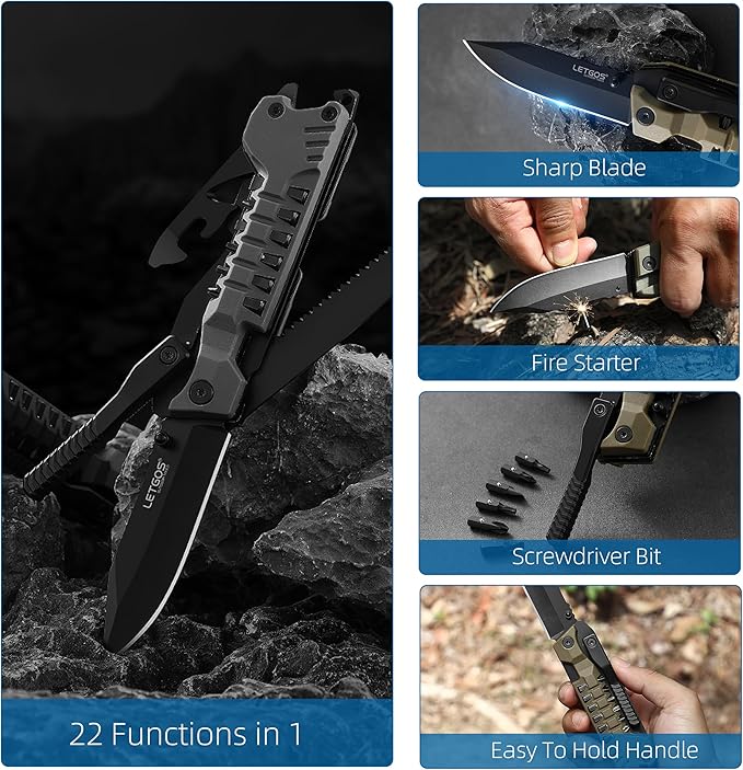 Multi Pocket Knife 22 in 1Survival Gear EDC Tools with Nylon Sheath Emergency Camping Hiking Hunting Gift for Men Women (Cool Black)