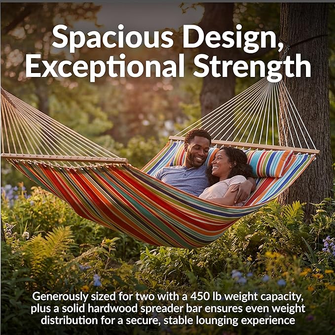 Sunnydaze Quilted Outdoor Hammock with Spreader Bars - Heavy-Duty 450-Pound Capacity Double Hammock for Outside - Caribbean Stripe