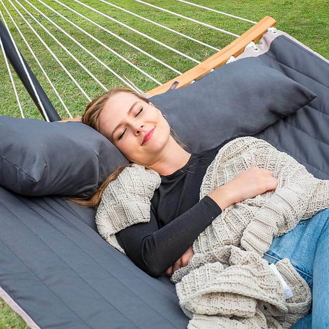 SUNCREAT Double Portable Hammock with Stand 2 Person Hammock with Curved Spreader Bar Balance Ropes Included Dark Gray