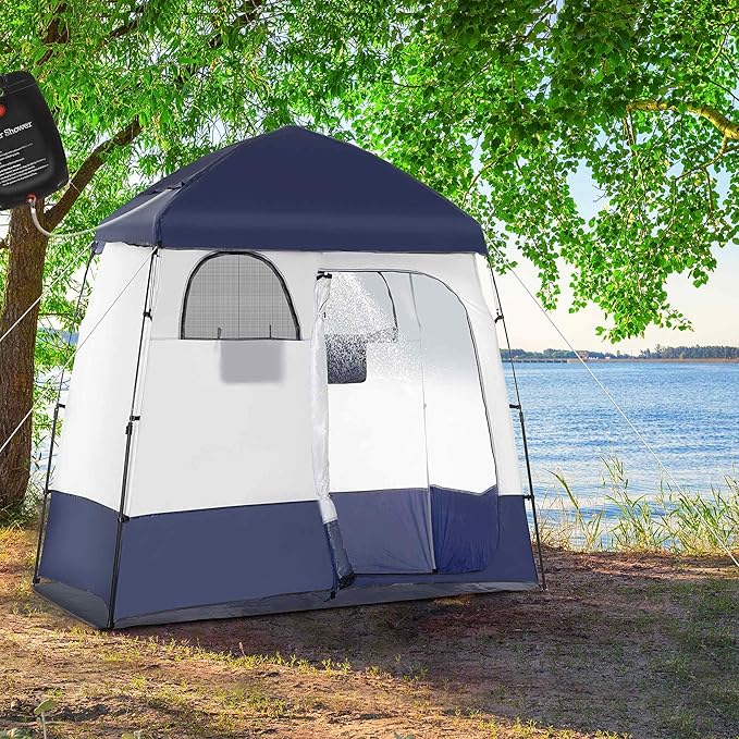 Camping Shower Tent - Instant Setup 2 Room Privacy Shelter w/20L Shower Bag 2000mm Waterproof Enclosure &amp Detachable Floor Portable Bathroom Tent for Beach/Camping/RV