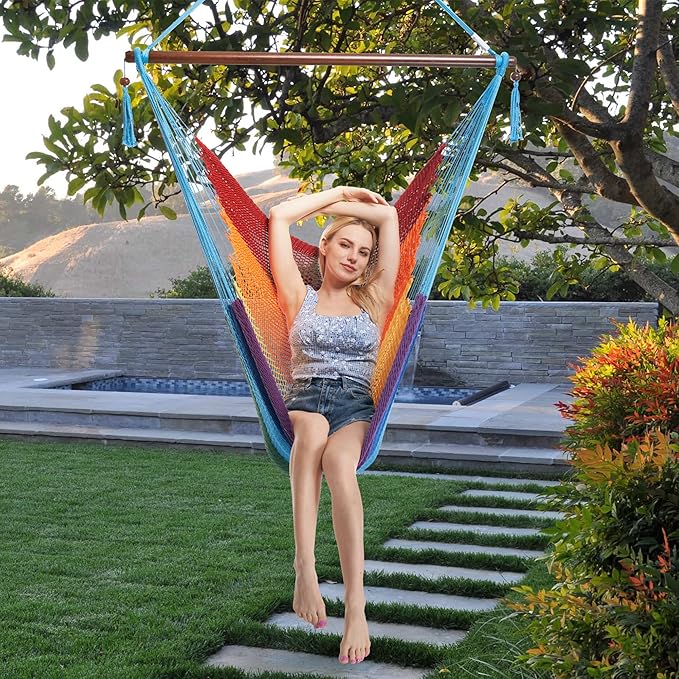 Large Caribbean Hammock Chair - 48 Inch - Polyester - Hanging Chair - Rainbow