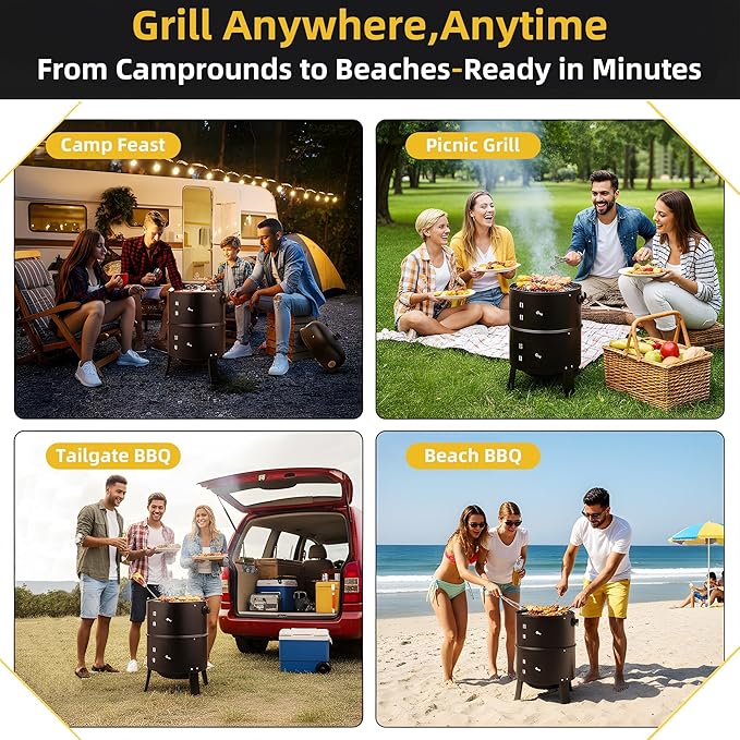 16 Inch Charcoal Smoker 3-in-1 Meat Smoker Grill with Thermometer &amp Dual Cooking Racks Portable Outdoor BBQ Smoker with 2 Access Doors Easy to Clean for Backyard Camping &amp Parties