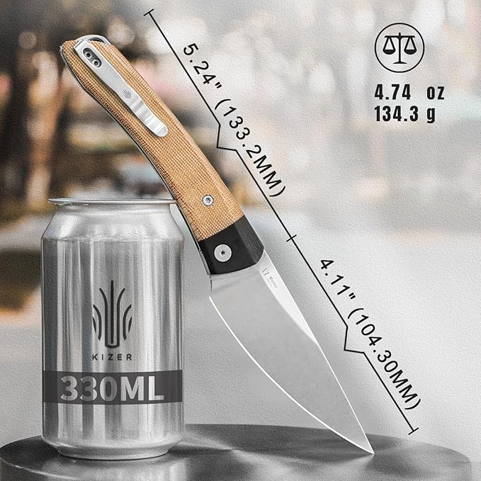Kizer Momo Pocket Folding Knife 4.11” Nitro V Blade EDC Pocket Knife with G10+Micarta Handle Front Flipper Camping Folding knife for Men Women Sharp Hunting Survival Hiking Knives V4663A2