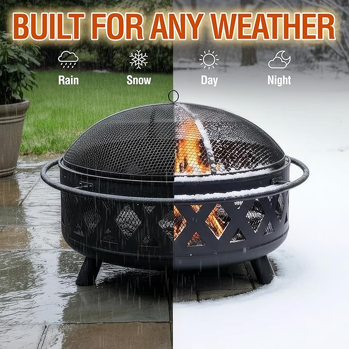36 Inch Heavy Duty Steel Fire Pit Outdoor Wood Burning Fire Pits with Mesh Spark Screen and Poker for Camping Heating