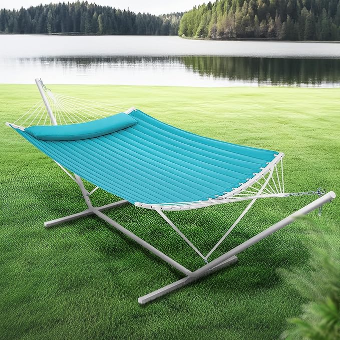 SUPERJARE Hammock with Stand 2 Person Heavy Duty Hammock with Padded Cotton Detachable Pillow &amp Strong Curved-Bar &amp Portable Carrying Bag Perfect for Outdoor &amp Indoor Sky Blue