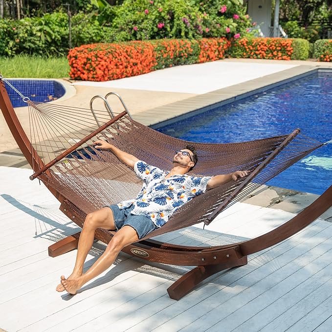 Lazy Daze Hammocks 10.5 FT Double 2 Person Caribbean Rope Hammock Hand Woven Polyester Hammock with Spreader Bars for Outdoor Backyard Patio Poolside 450 LBS Capacity Brown