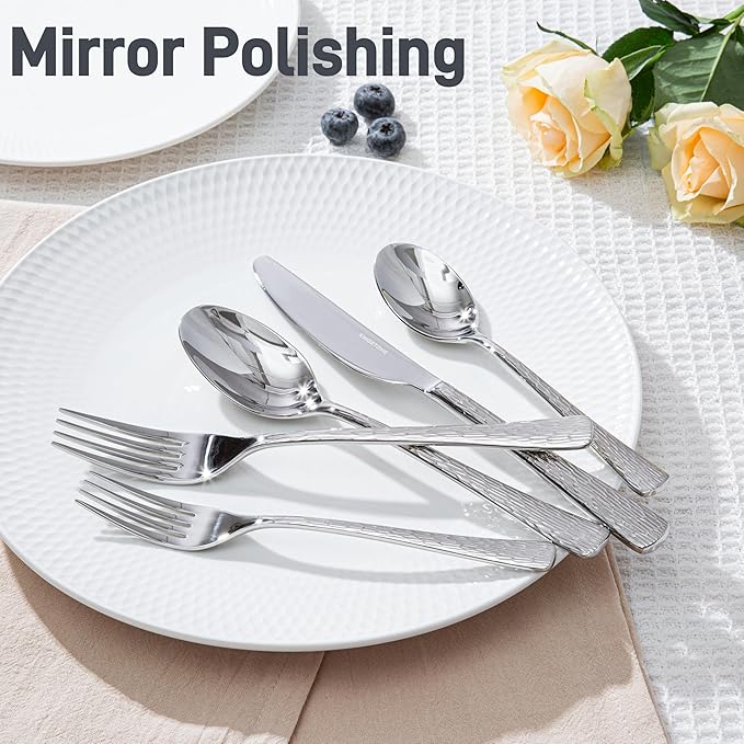 KINGSTONE Hammered Silverware Set 40-Piece Flatware Set 18/10 Stainless Steel Premium Cutlery with Unique Ripple Handles Design Mirror Polished - Dishwasher Safe