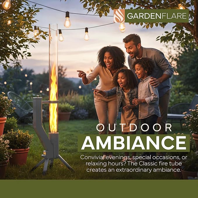 GARDENFLARE Stainless Steel Pellet Stove &amp Smokeless Firepit Patio Heater for Ambiance - Fire Pit for Patio Fire Tube Outside Backyard Bonfire &amp Outdoor Fireplace (Silver Classic)