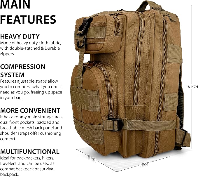 ASA TECHMED Large Tactical Backpack - IFAK Military-Grade Assault Pack Everyday Carry Use Military Backpacks Tactical (Tan)