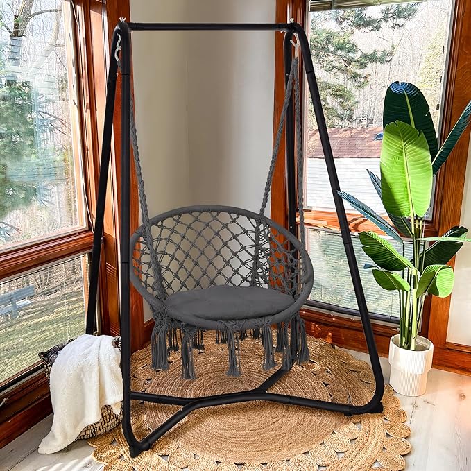 SUNCREAT Hammock Chair with Stand Included Heavy Duty Hanging Chair with Stand 330 lbs Capacity Patent Pending Grey