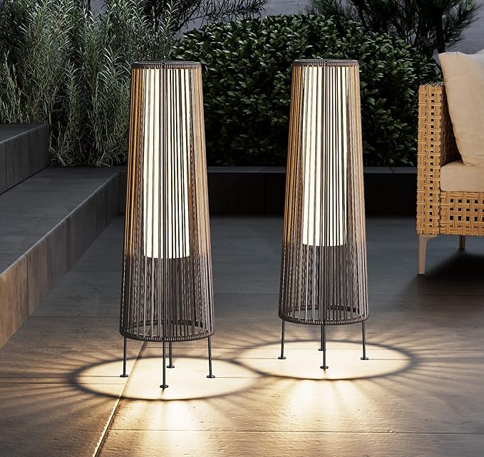 Grand patio 2-Pack Outdoor Floor Solar Light Wicker Solar Patio Lamp Waterproof Outside Deck Lamp for Porch Yard Garden Lawn Decorations - Light Brown Gordes 2 PCS