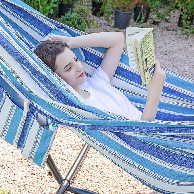 PNAEUT Double Hammocks with Stand for Outside Portable Space Saving Heavy-Duty Steel Stand for Indoor Outdoor Patio with Carrying Bag 450 lbs Capacity (Lightblue)