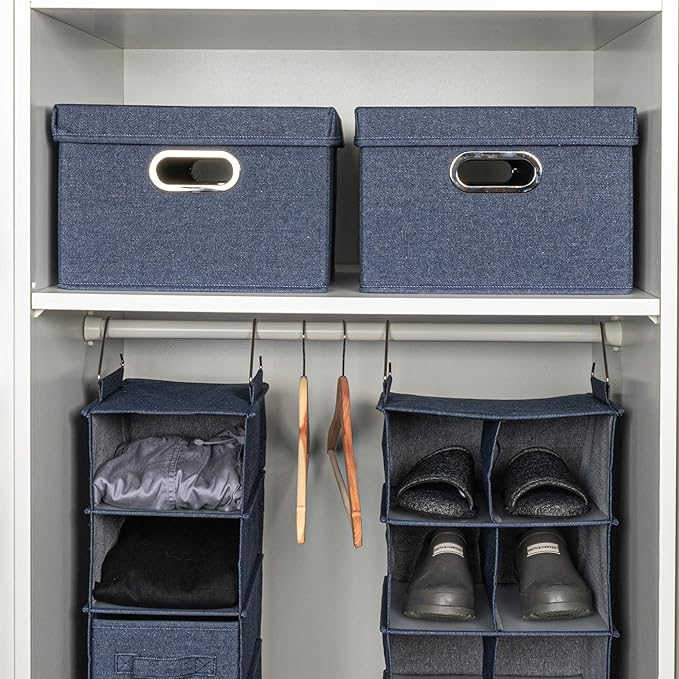 Household Essentials Collapsible Cotton Blend Storage Box with Lid and Metal Grommet Handle Set of 2 Denim