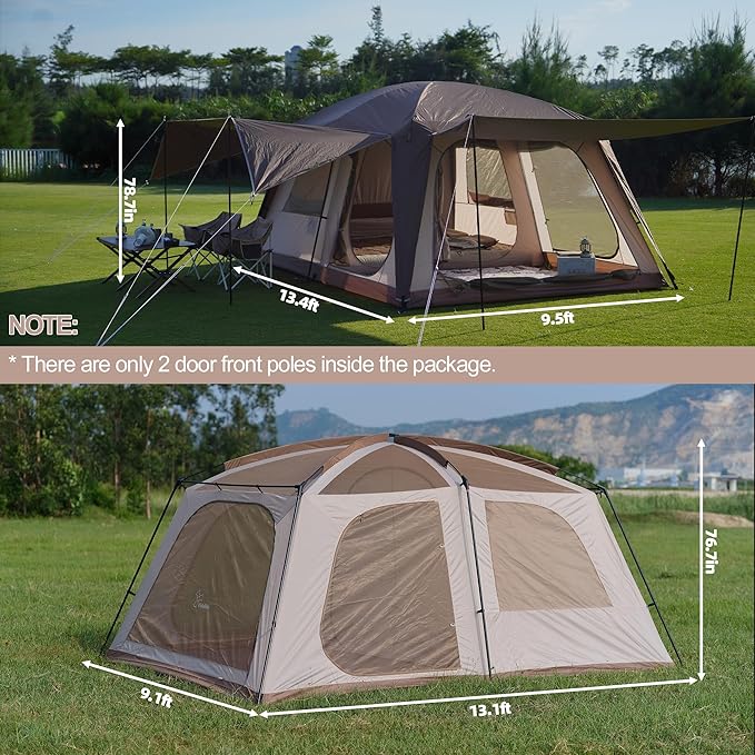 Vidalido 8-10 Person Camping Tent with 3 Door 2 Room Large Family Cabin Tents Double Layer Waterproof Portable Glamping Tent Big Tents for Outdoor Picnic Camping Hiking and Family Gathering