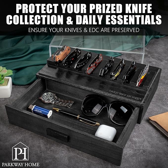 Black Pocket Knife Display Case with Sturdy Clear Cover - Wooden Knife Collection Case for 16 Knives - Two-Tier Knife Cases for Collections with a Removable Drawer Insert for Other EDC Items