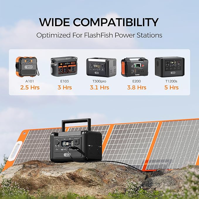 Flashfish 100W 18v Foldable Solar Panel High-Efficiency Solar Charger with Dc Output &amp 65W USB.C QC3.0 Port for Portable Power Station Camping Travel &amp Outdoor