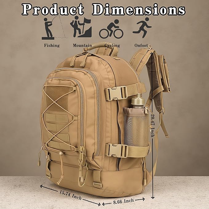 Large Tactical Military Backpack for Men - Molle DIY System Bag for Travel Work Camping Hunting &amp Hiking (Khaki-A)