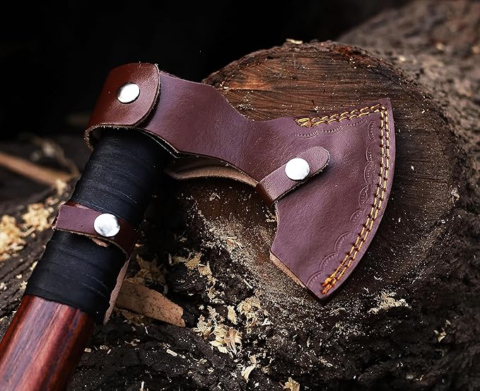 Viking Axe | 18 Carbon Steel Throwing Hatchet with Ash Wood Handle &amp Leather Sheath | Etched Norse Design Functional &amp Collectible Gift(WCA-017)