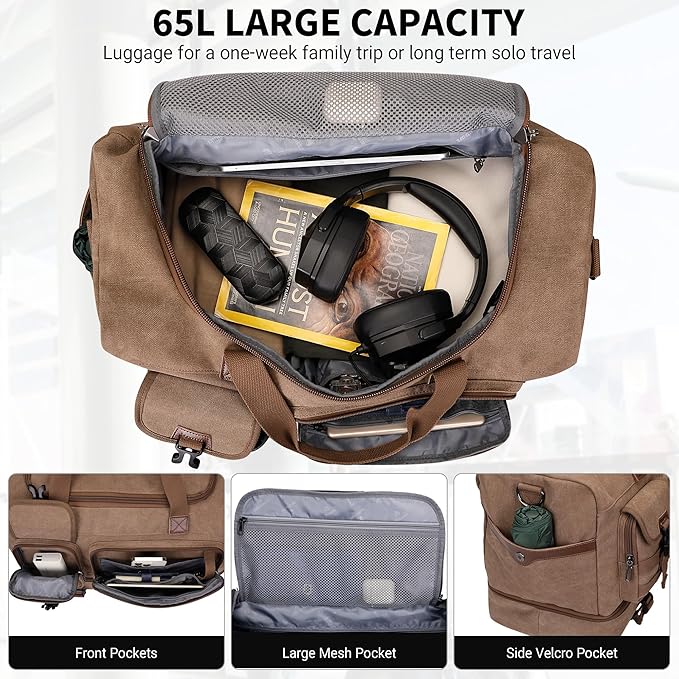 WITZMAN Duffle Bag for Men 50L Canvas Weekender Overnight Bag with Toiletry Bag Sets Travel Duffel Bag Shoes Compartment（A8010/2 Brown）