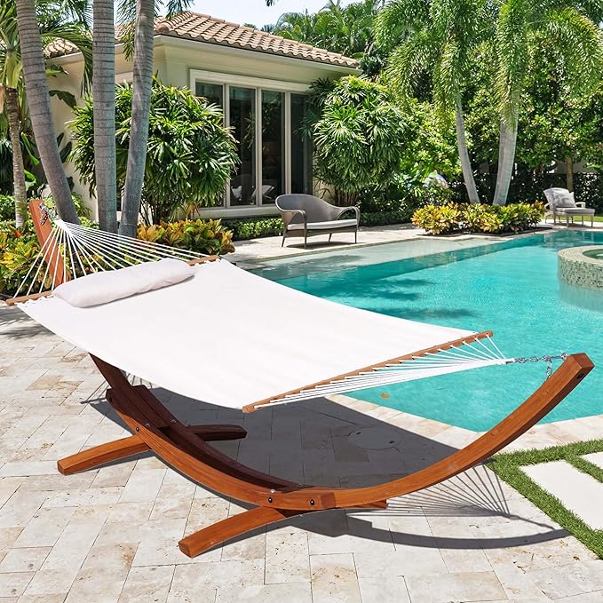 Lazy Daze Hammocks 12 FT Sunbrella Fabric Hammock not Fading with Spreader Bars and Free Pillow Fits for 2 Persons All Weather and Fade Resistant for Patio Yard 450 lbs Capacity Cast Pumice