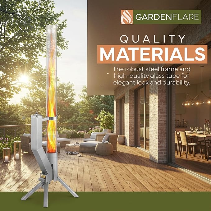 GARDENFLARE Stainless Steel Pellet Stove &amp Smokeless Firepit Patio Heater for Ambiance - Fire Pit for Patio Fire Tube Outside Backyard Bonfire &amp Outdoor Fireplace (Silver Classic)