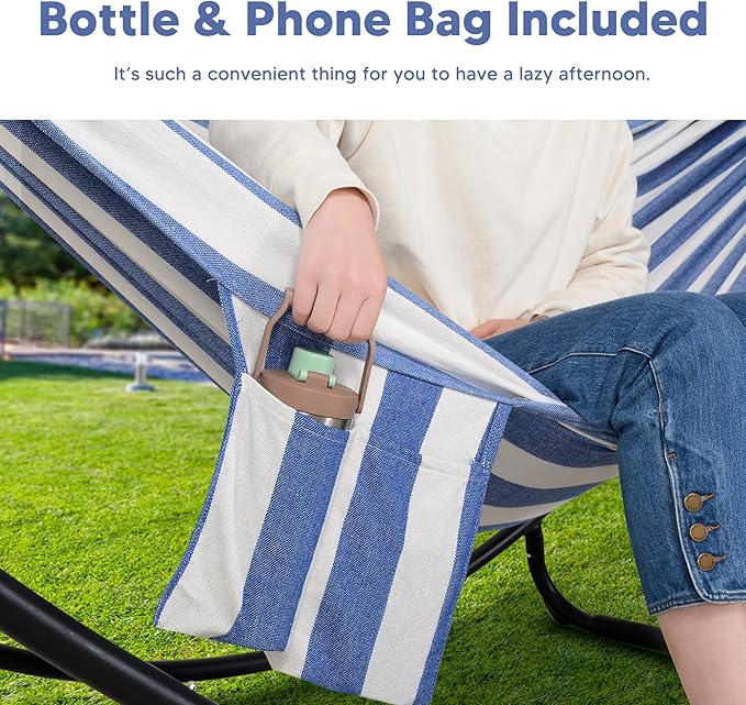 SUNCREAT Portable Large Hammock with Stand Two Person Hammock with Stand Included Patent Pending Blue White