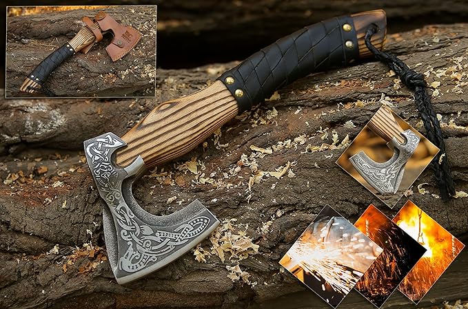 QEPAA CRAFTS® 13” Inch Hand-Forged Viking Axe-Rosewood Handle Hatchets and Axes Wood Splitting Axe Camping AxeViking Gift for Men (Medieval)