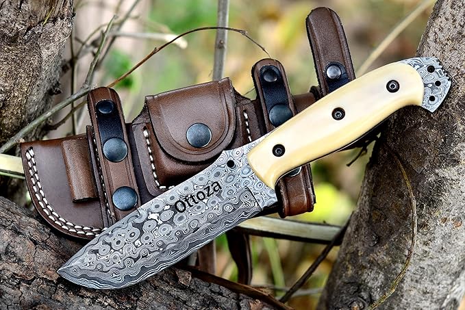 Ottoza Fixed Blade Hunting Knife with Leather Sheath and Horizontal Carry - Bone Handle - Full Tang Outdoor Survival and Camping Knife for Men 315