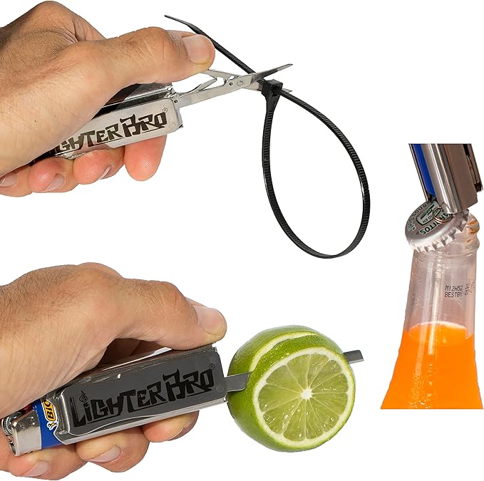 LighterBro Pro Lighter Sleeve - Multi-Tool - 420 Stainless Steel - Easily Fits Your Favorite Lighters - Includes Mini Pocket Knife Ruler Scissors Screwdriver Poker Key Ring &amp More (Black)