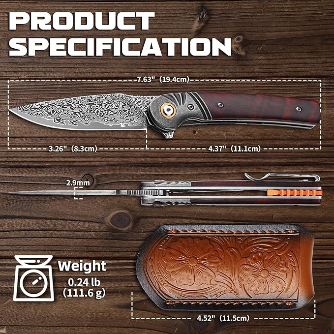 Omesio Damascus Folding Pocket Knife 3.27 Damascus Steel Blade Rosewood Handle EDC Knife with Clip &amp Sheath for Camping Hiking Outdoor Gifts for Men Women