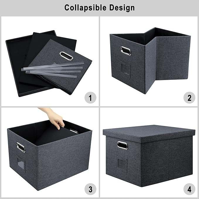 Graciadeco 4-Pack Modern Minimalist Dark Gray Collapsible Linen File Folder Box with Lid for Letter Size Hanging Files Office Organization General Storage