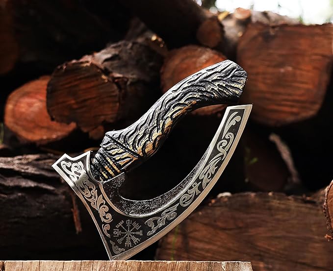 Viking Pizza Axe | Engraved Blade Pizza Cutter with Rosewood Handle &amp Leather Sheath | Norse Style Collectible Kitchen Tool &amp Gift for Pizza Lovers (WCA-027)