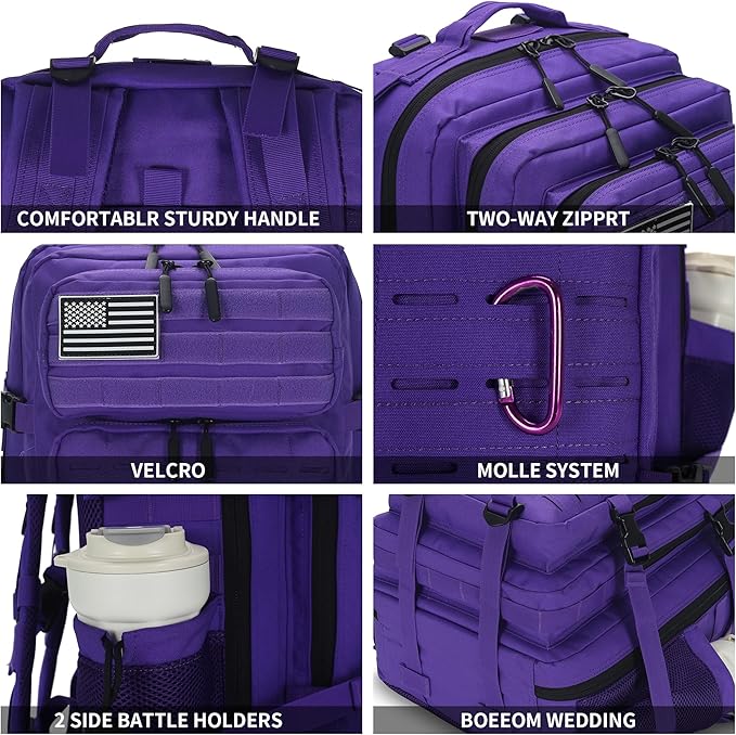 Sparklekle Military Tactical Backpack 45L 3 Day Assault Pack Waterproof Molle Hiking Rucksack for Men&ampWomen (Purple)