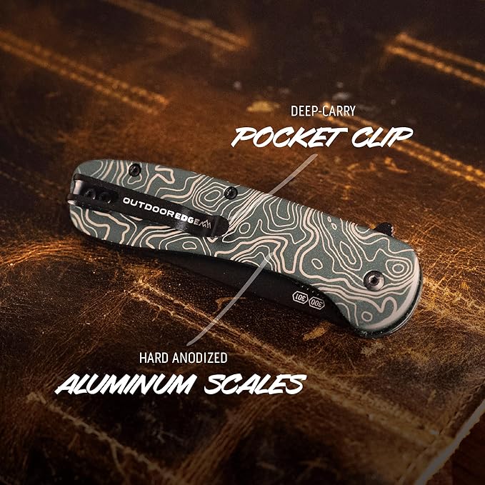 OUTDOOR EDGE RAZOR VX1 | Topo Map Etching | Replaceable Blade EDC Folding Pocket Knife | 3 Stainless Blade Green Anodized Aluminum Handle Reversible Pocket Clip | Cool Knife for Men