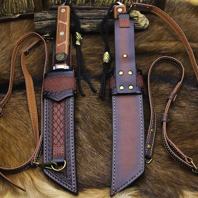 BA-KOR 7mm 9CR18MOV steel (15.6IN) sandalwood handle full Tang fixed knife+scabbard+(single shoulder strap)&amp(5.9IN) cerium igniter suitable for outdoor hunting camping survival EDC tool knife