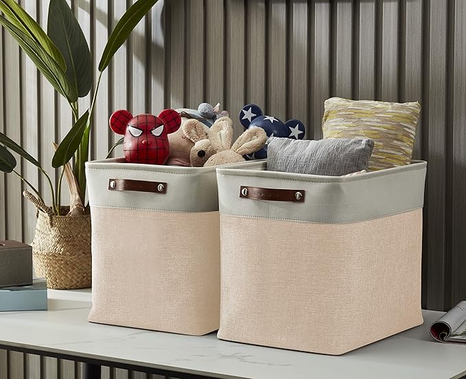 DECOMOMO Extra Large Storage Baskets 54.5L Fabric Storage Bins for Organizing Linen Closet Nursery (Khaki &amp White XXXL - 3 pack)