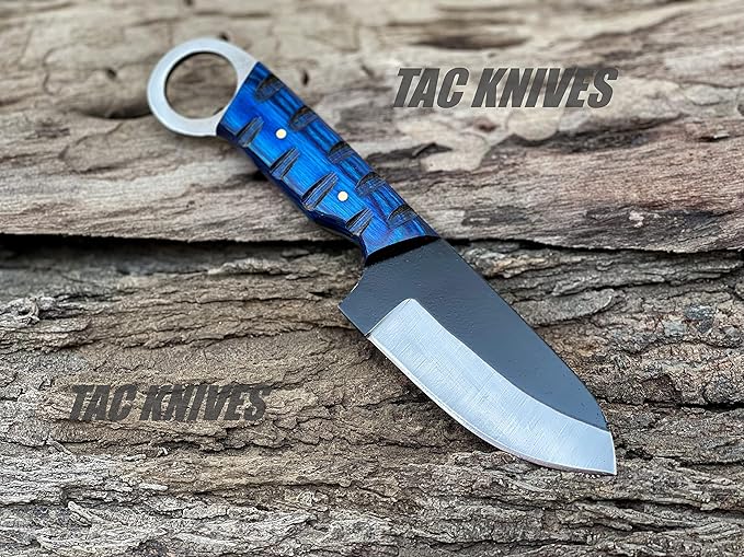 TAC KNIVES 7'' Full Tang Fixed Blade Outdoor Camping Hunting Knife In Sheath Gift For Him | 1095 High Carbon Steel Knife | SKINNER Gift | Cowboy knives | Pancake leather sheath (BLUE)
