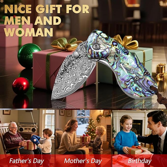 Father's Day Mother's Day &amp Birthday Gift for Him Her - Premium Mini Pocket Folding Knife for Husband Boyfriend Father Wife Girlfriend Mom - Smooth Manual Opening Abalone Shell Handle Dam