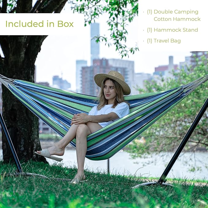 Backyard Expressions Double Camping Hammock with Steel Stand &amp Carrying Bag Adjustable Height Ultra Soft Cotton Blend 550 lb Capacity Indoor &amp Outdoor Portable Hammock