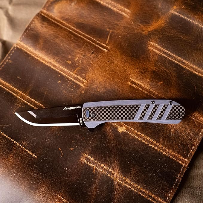 OUTDOOR EDGE Razor VX4 | Carbon Fiber Over Blue G10 with Black Drop Point | Replaceable Blade EDC Folding Pocket Knife | 3 Blade Ceramic Ball Bearings Reversible Pocket Clip